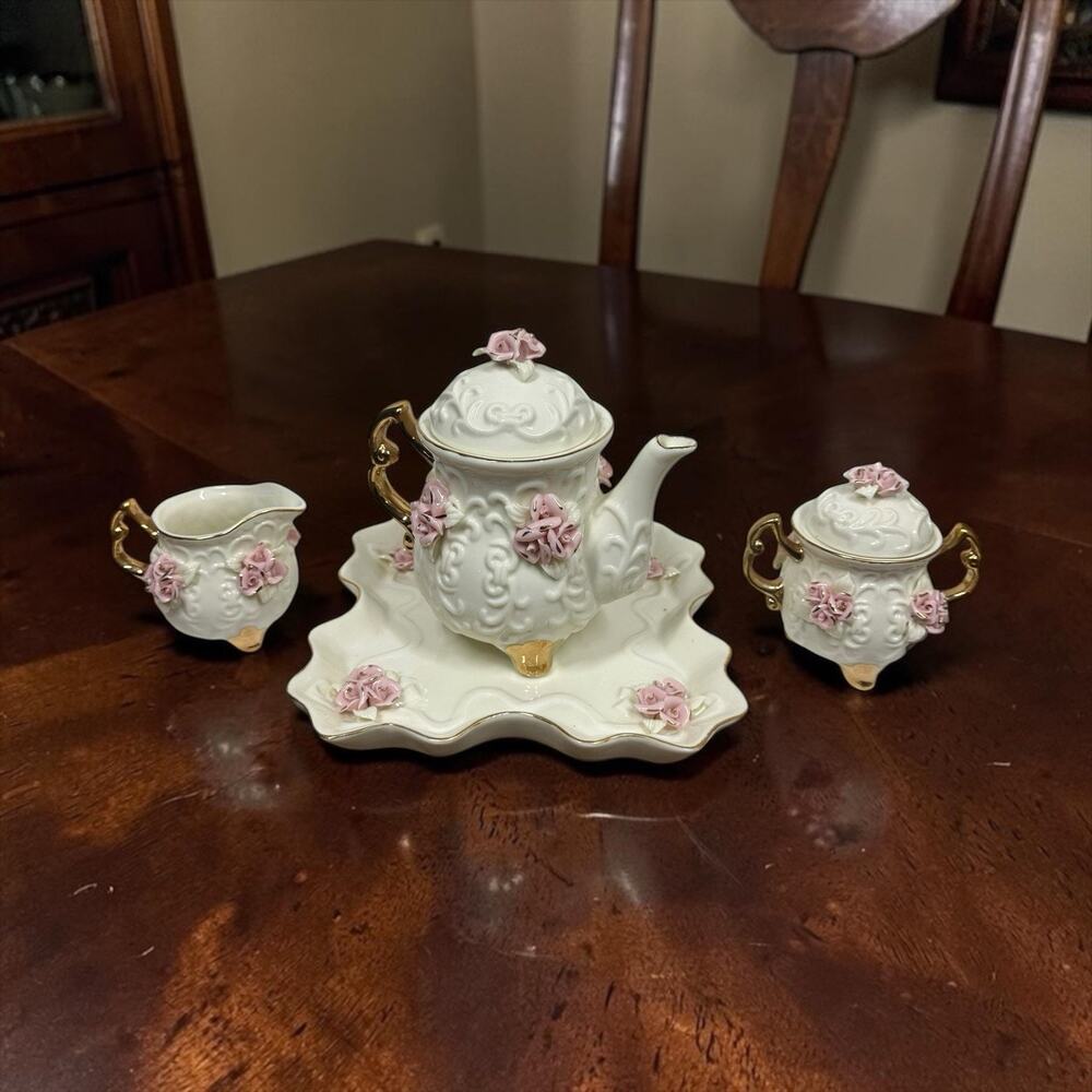 Vintage Pink Roses Porcelain Miniature Tea Set Cracker Barrel 6 Piece Victorian